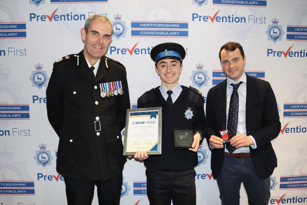 Picture of me receiving my award for Hertfordshire Cadet of the Year 2023, issued by Charlie Hall and Lewis Cocking.